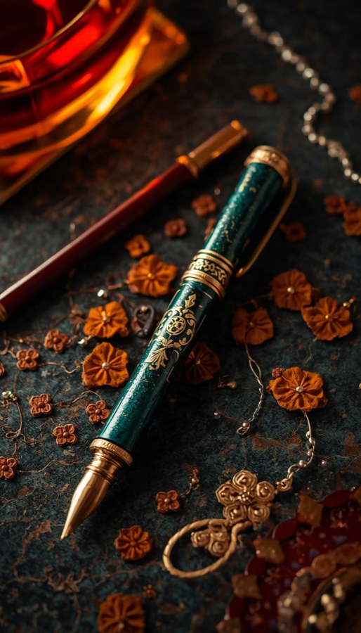 Ornate fountain pen resting among dried flowers